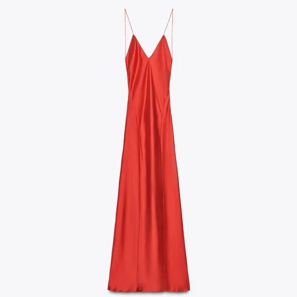 Zara NWT Romantic Blood Red Satin Effect V Neck Open Back Maxi Dress (Size XS) - Picture 7 of 10